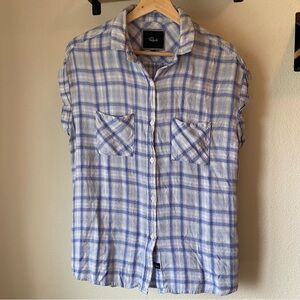Rails Rolled Short Sleeve Blue and White Plaid Button-Up Shirt